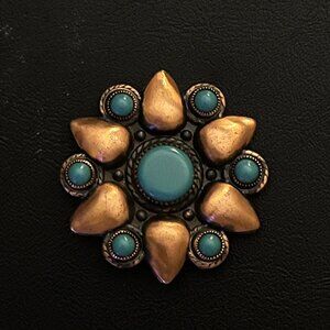 Copper Flower Brooch Bell Copper Trading Post Signed Faux Turquoise 2" VINTAGE